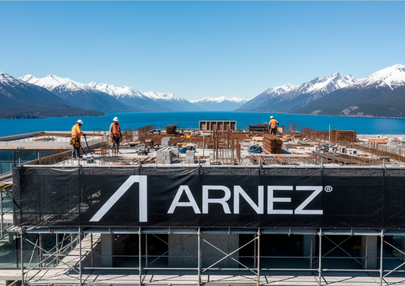La obra vista desde la avenida, con el banner de ARNEZ en el andamio y el canal Beagle de fondo.