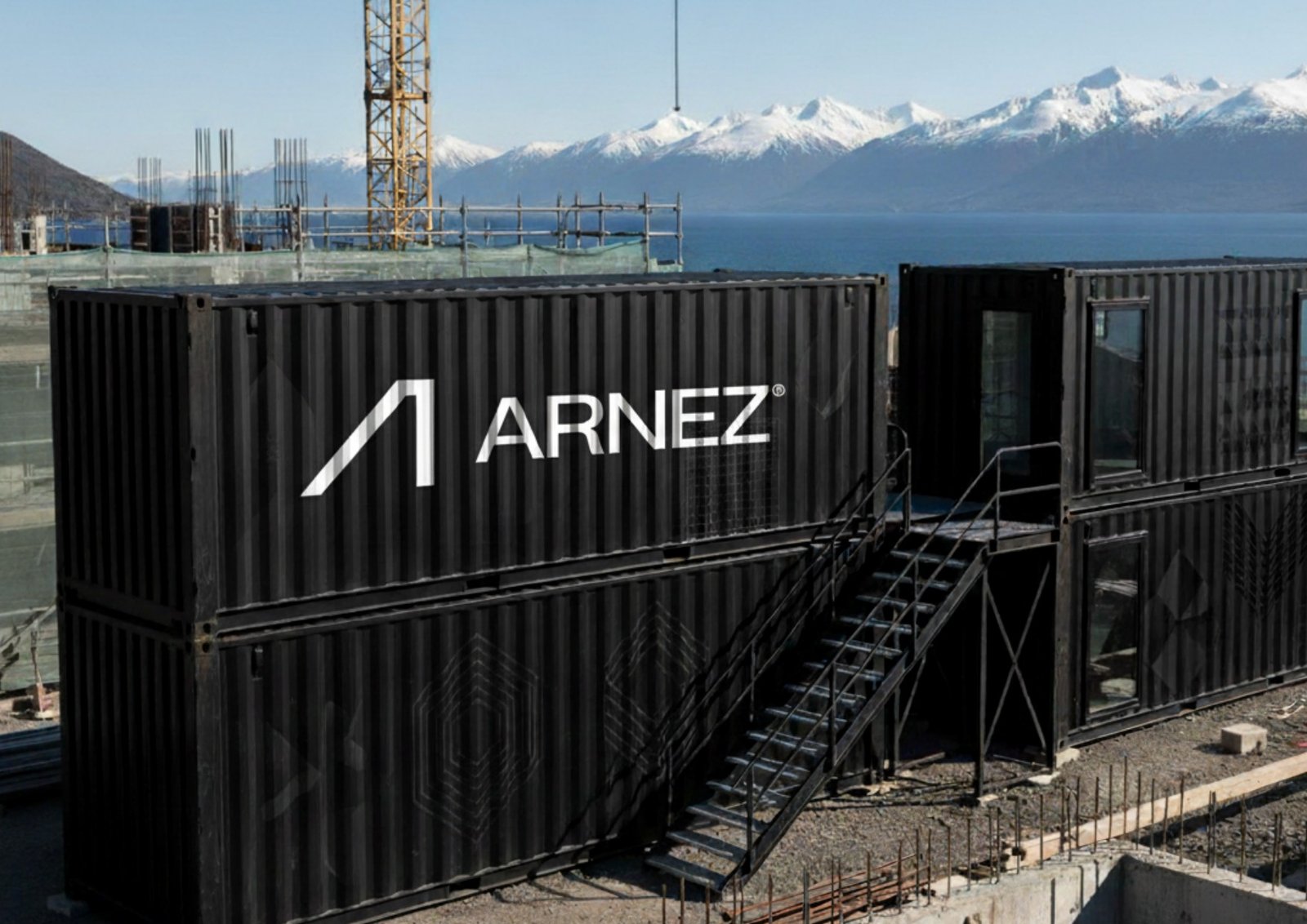El obrador de ARNEZ: containers negros con el logo, y los cerros nevados detrás.